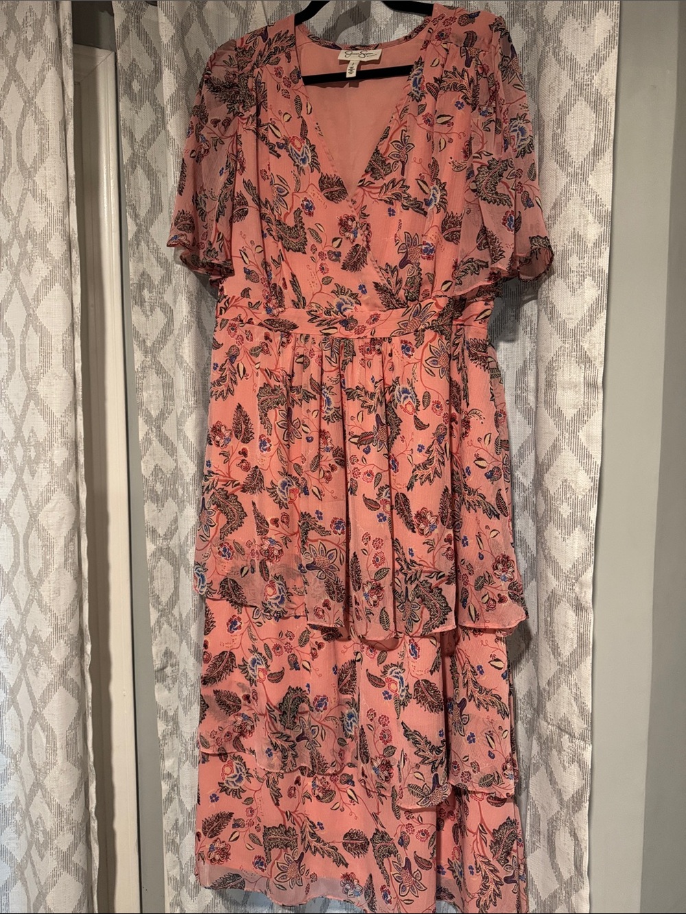 Jessica Simpson Coral Floral Maternity Maxi Dress with Tiered Skirt